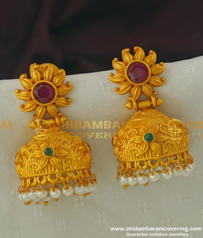 Matte Gold Jhumka Earrings Indian Jewelry Lakshmi Jhumkas Temple Jewelry  kemp Jhumkas Ruby Jhumkas Indian Earrings - Etsy