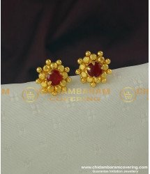 ERG317 - New Floral Design Big Single Ruby Stone One Gram Gold Stud Online