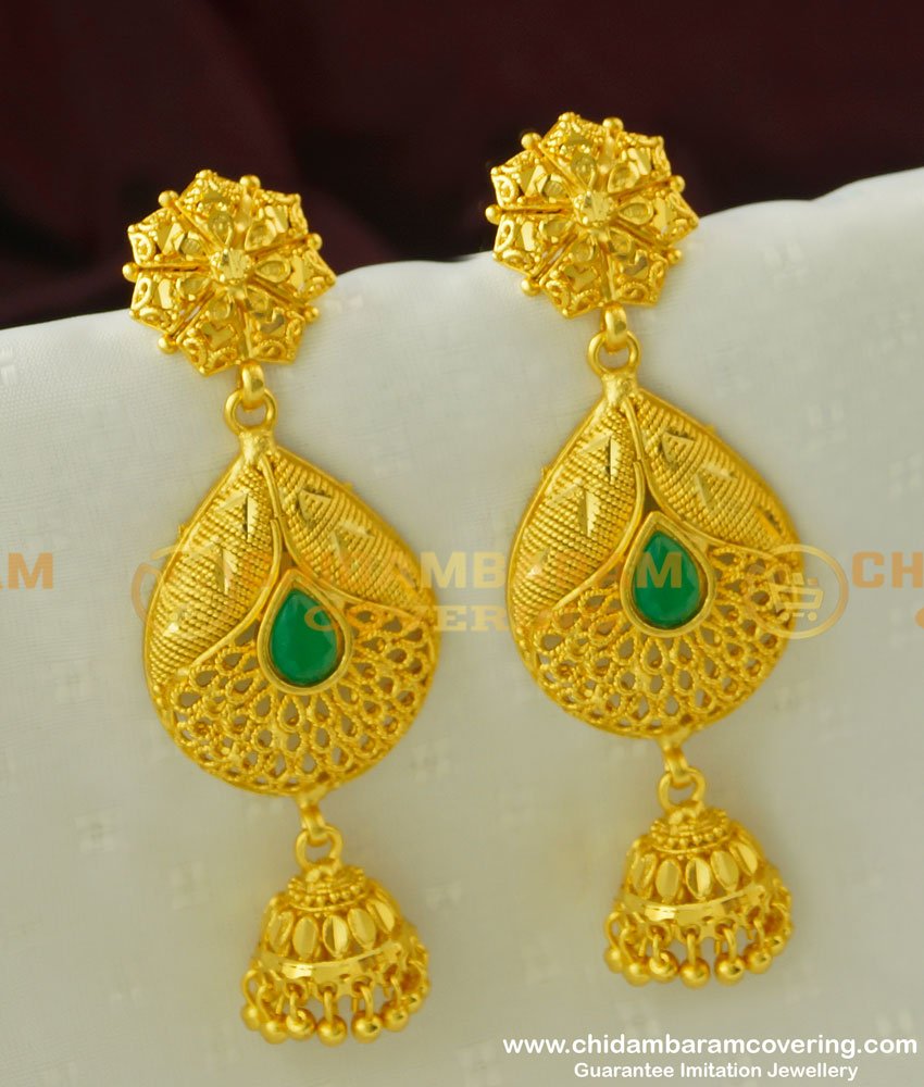 ERG332 - Beautiful Peacock Feather Design Green Stone Forming Gold Plated Danglers Earring Online