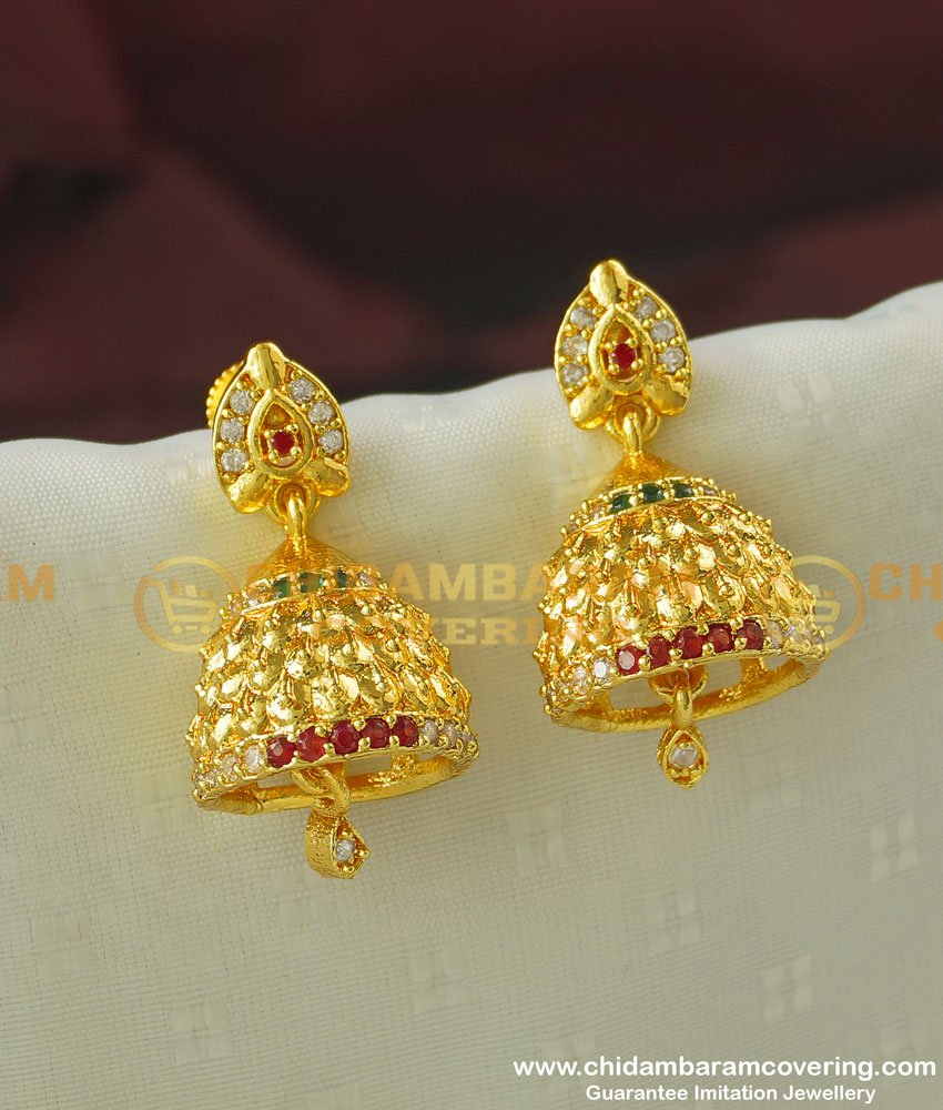 ERG345- Stylish Multi Stone Designer Guarantee Jhumkas Micro Gold Covering Jewellery Buy Online