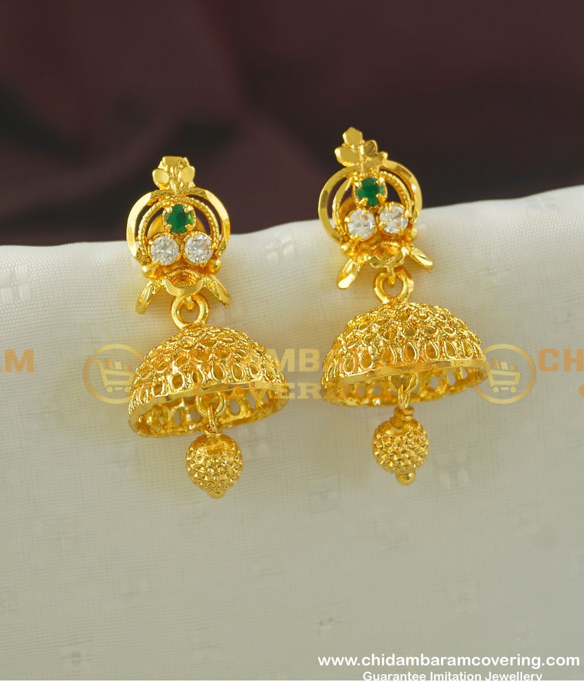Erg358 - Unique Collection White and Emerald Stone One Gram Gold Function Wear Jhumkas Online