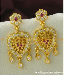 ERG359 - Bridal Wear Gold Impon Design Red and White Stone Long Danglers Thick Metal Jewellery Online