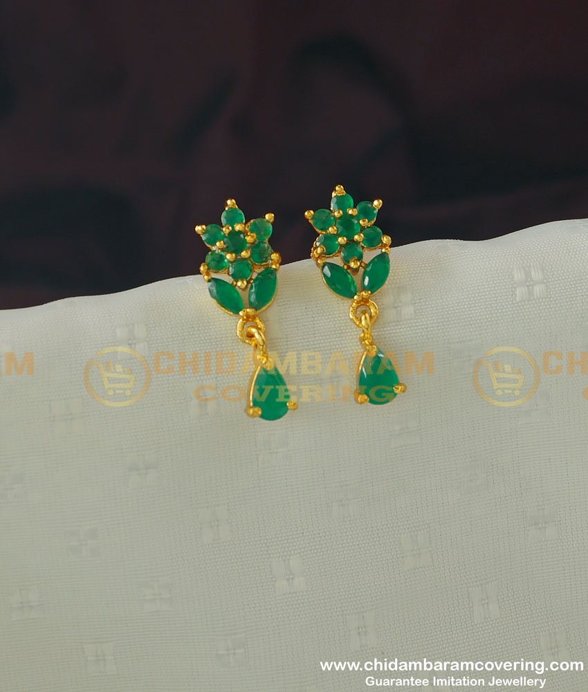 ERG362 - Cute Flower Shape Emerald Stone Earrings Gold Design Stud Design for Girls