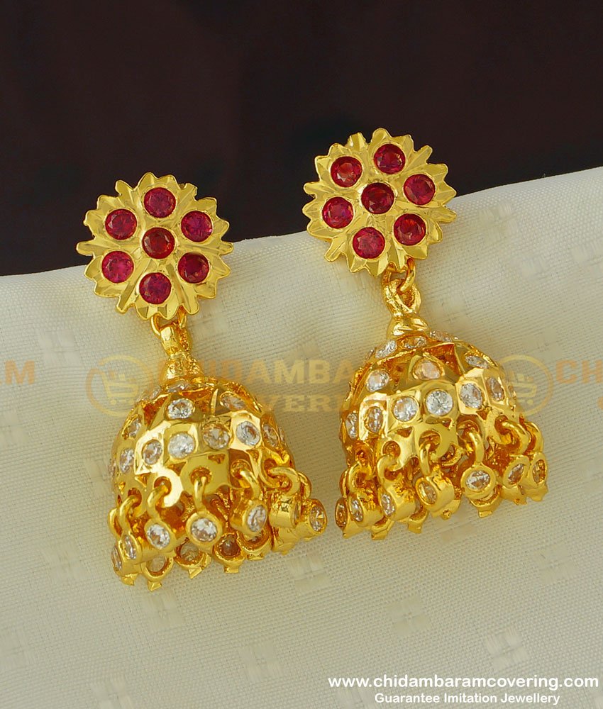 ERG382 - Beautiful Bridal Wear Impon Gold Look Ruby Stone Flower Design Jhumkas Earrings Online