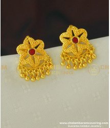 ERG393 - Stylish Floral Design Ruby Stone Gold Covering Earring Stud for Women