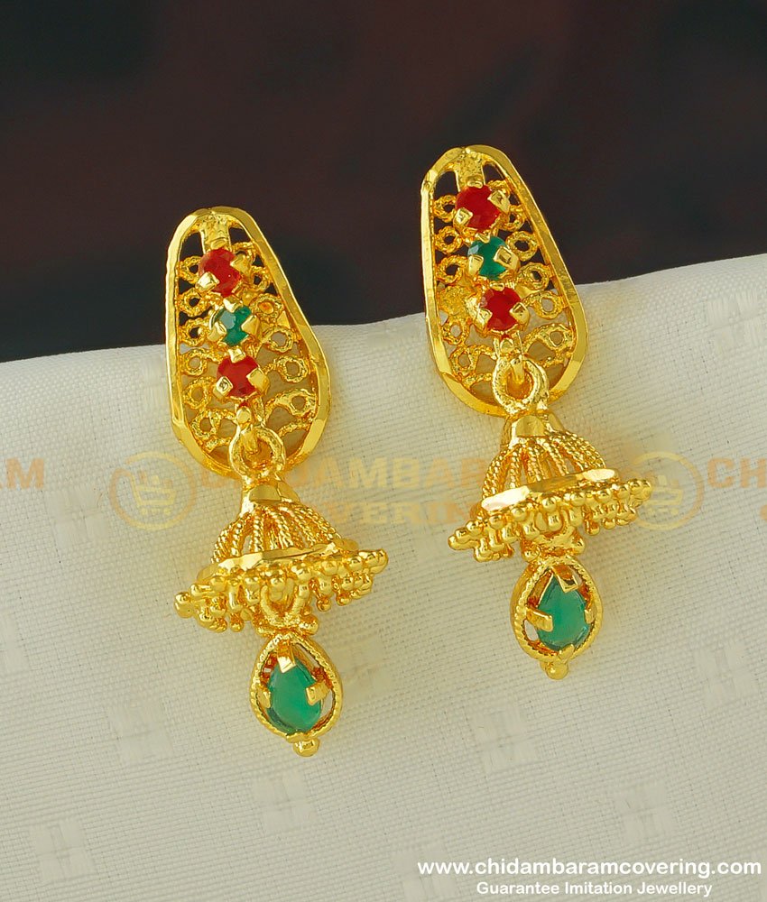 ERG396 - First Quality Ruby Emerald Gold Design Jhumka Earring One Gram Gold Jewellery