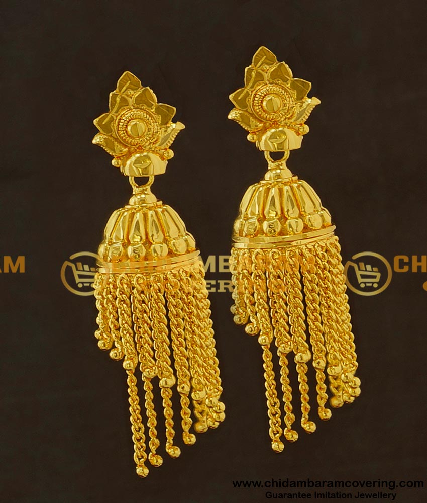 ERG419 - First Quality Gold Design Hanging Chain Jhumka Earing One Gram Gold Jewellery Buy Online