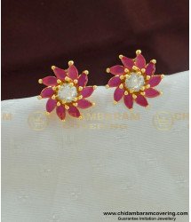 ERG448 - One Gram Gold Party Wear Floral Design Ruby Stone Studs Imitation Jewellery 