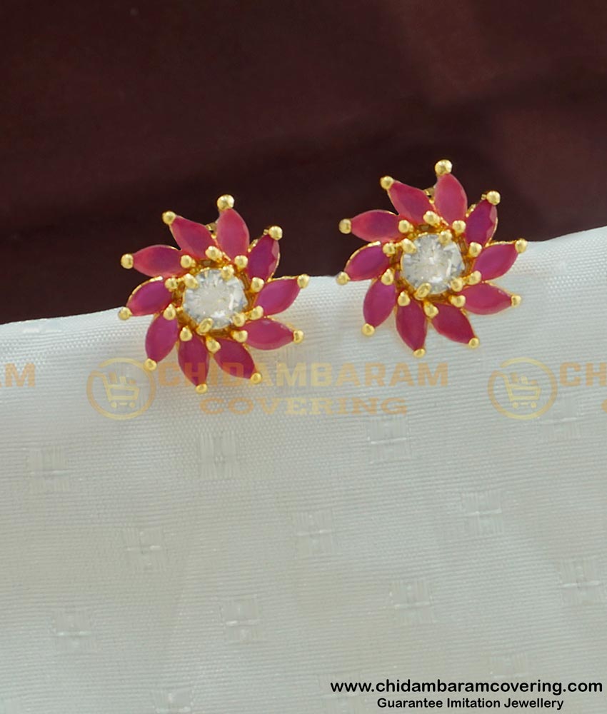 ERG448 - One Gram Gold Party Wear Floral Design Ruby Stone Studs Imitation Jewellery 