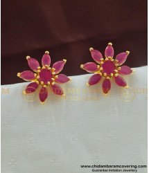 ERG449 - Attractive Full Ruby Stone Gold Plated Party Wear Floral Design Studs Earring Imitation Jewellery
