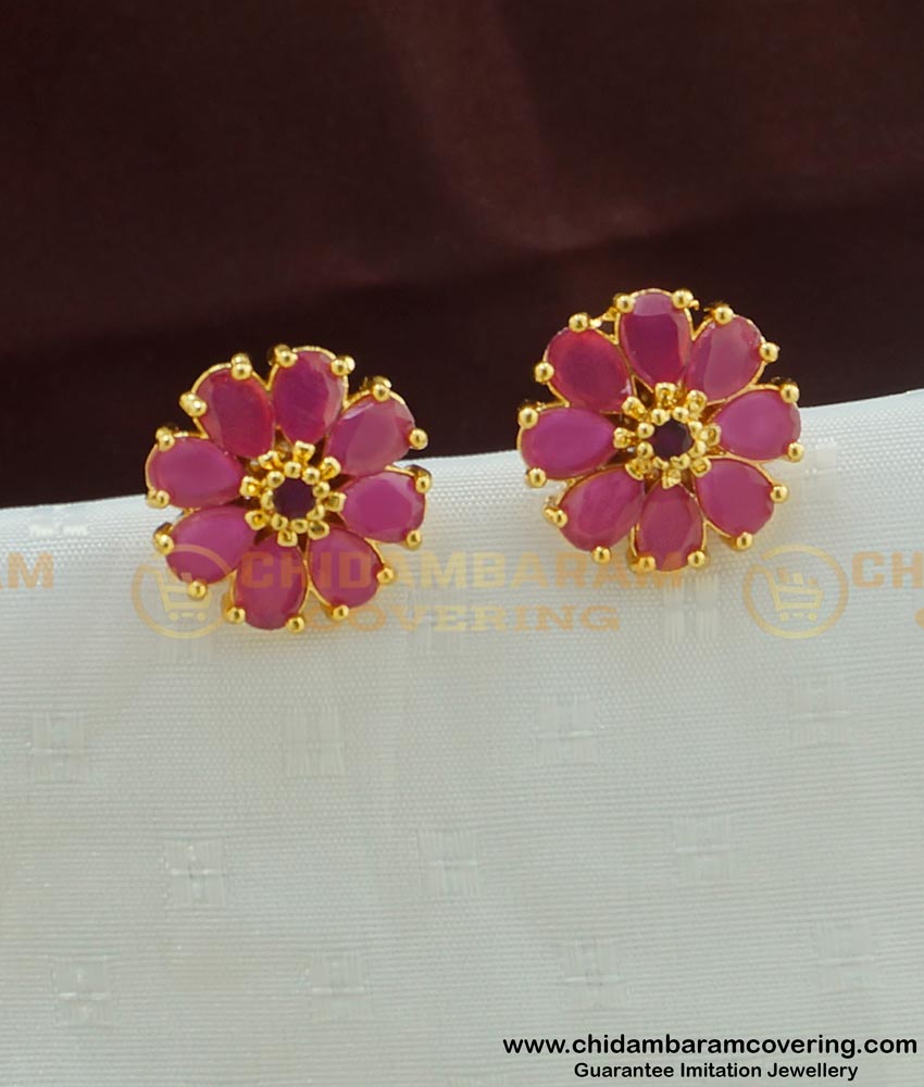 ERG450 - High Quality Beautiful Flower Design Ruby Stone Studs One Gram Gold Jewellery Online