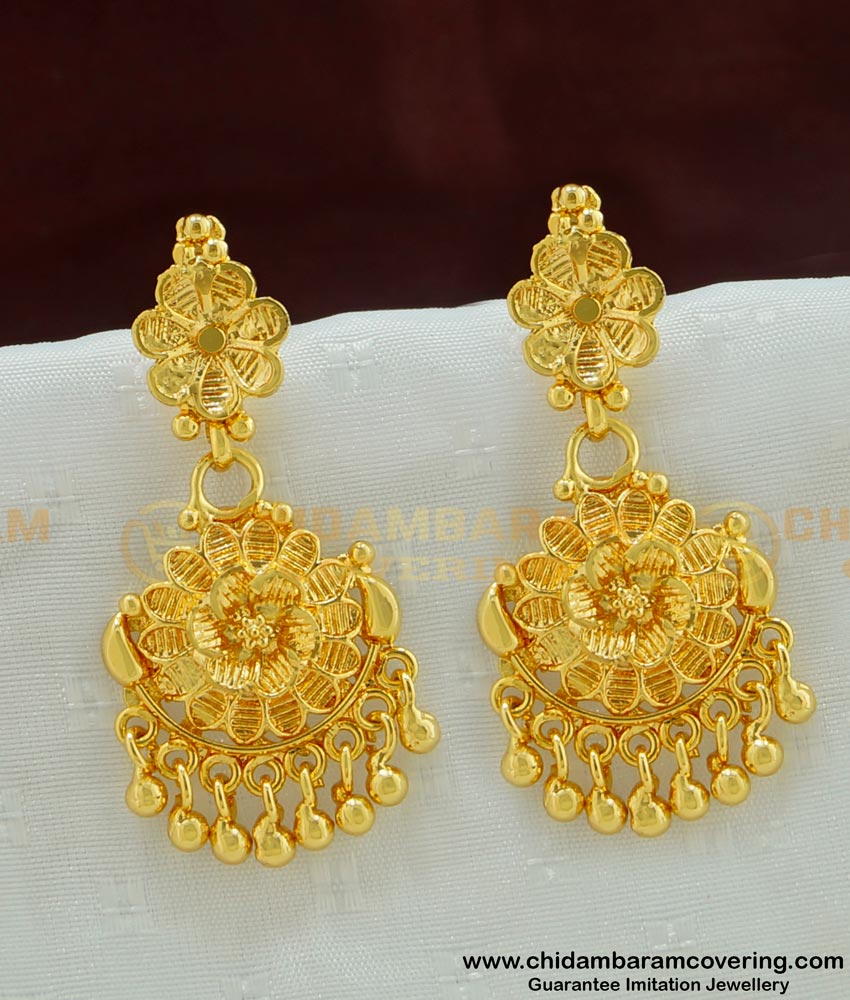 ERG458 - New Gold Look Designer Floral Pattern Long Dangler Earring Buy Indian Jewellery Online