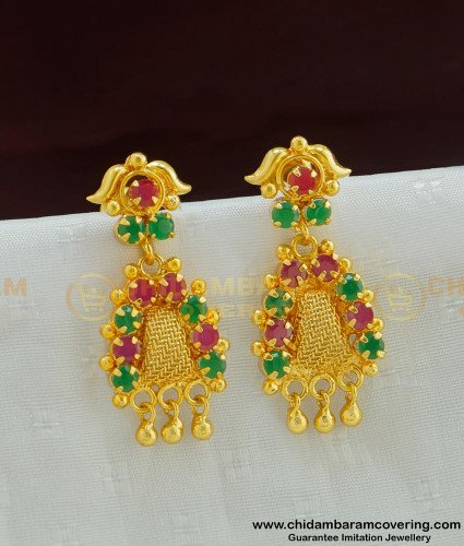 ERG483 - Beautiful Net Pattern Ruby Emerald Indian Gold Stone Earrings 