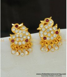 ERG507 - Gold Style Double Swan with Hanging Stone Drops Impon Earrings 