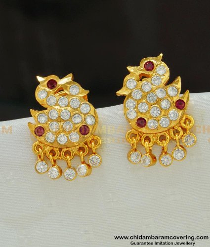 ERG507 - Gold Style Double Swan with Hanging Stone Drops Impon Earrings 