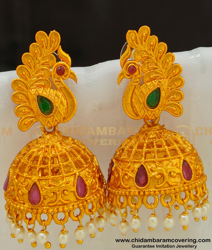 ERG523 - South Indian Temple Jewellery Peacock Design Jhumkas Earring