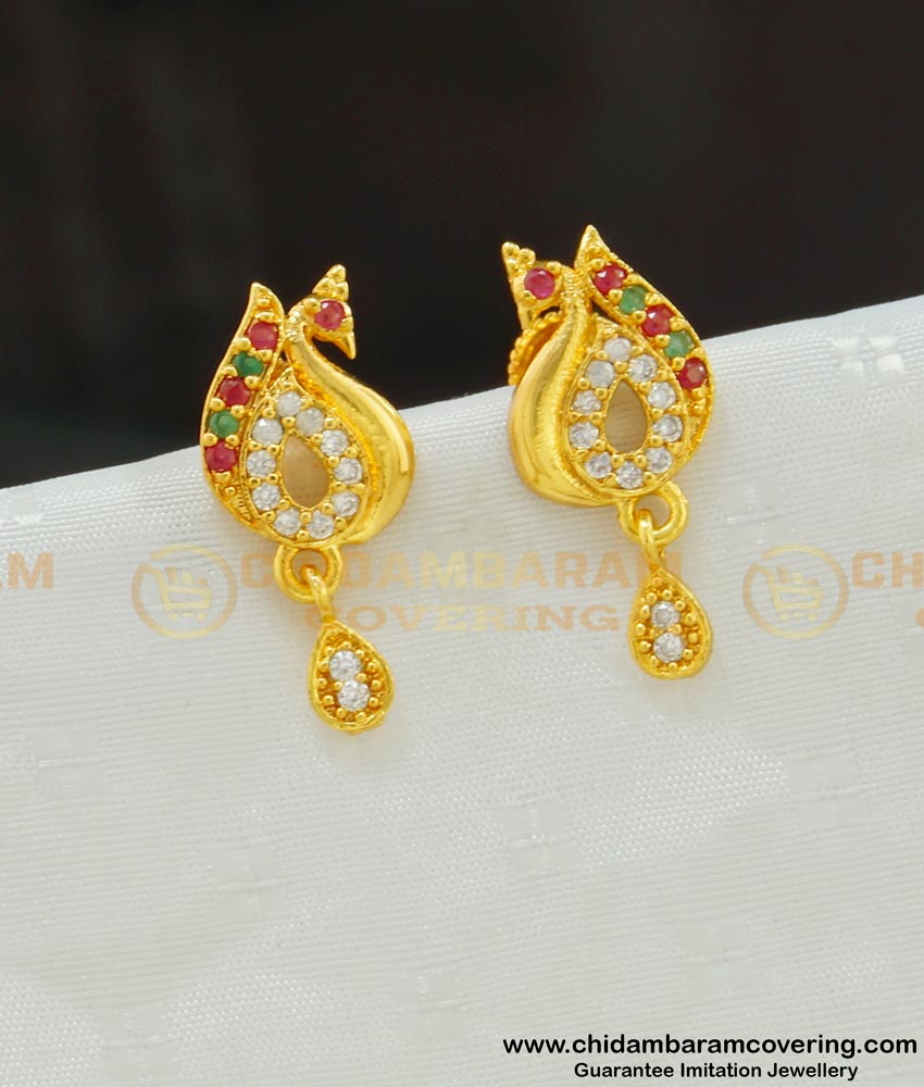 ERG526 - New Model Peacock Design Multi Stone One Gram Gold Plated Stud Earrings 