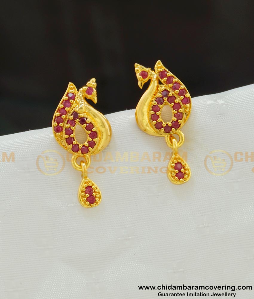 ERG527 - Light Weight Peacock Design Ruby Stone One Gram Gold Plated Stud Earrings