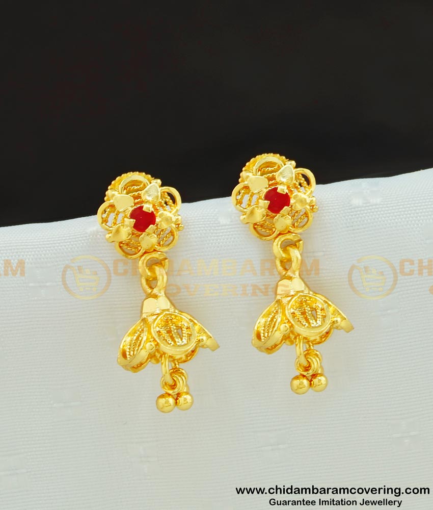 ERG563 - Beautiful Cute Small Petal Shape Ruby Stone Jhumkas Gold Plated Jhimiki Earring Designs 