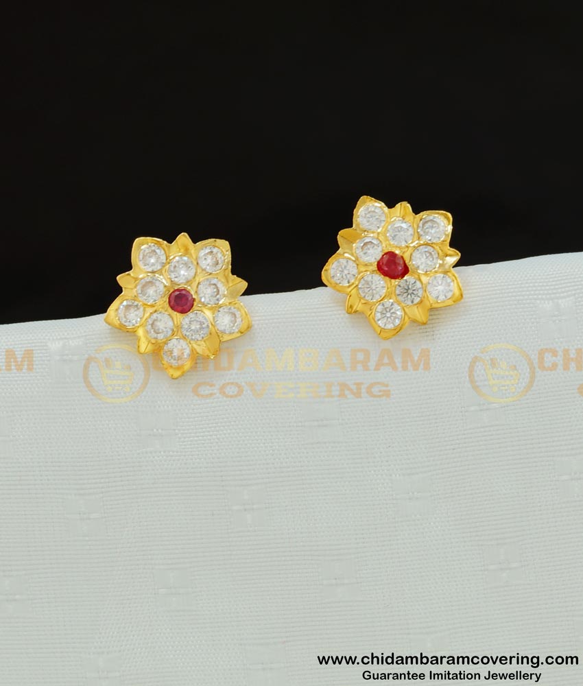 ERG569 - Panchaloha Gold Plated Traditional Flower Design Stone Studs Online