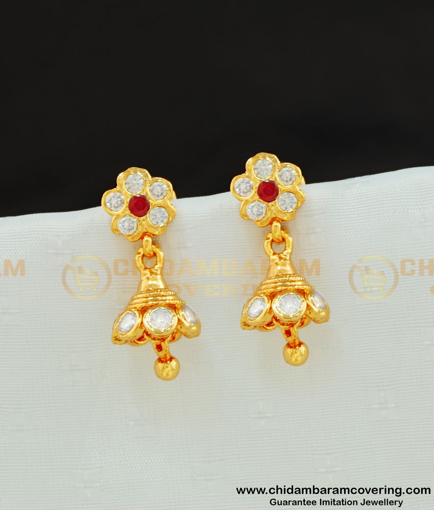 ERG575 - Traditional Impon Handcrafted Solid Design Stone Small Jhumkas for Girls