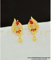 ERG599 - South Indian Style Gold Plated White and Red Stone Ear Studs Online 