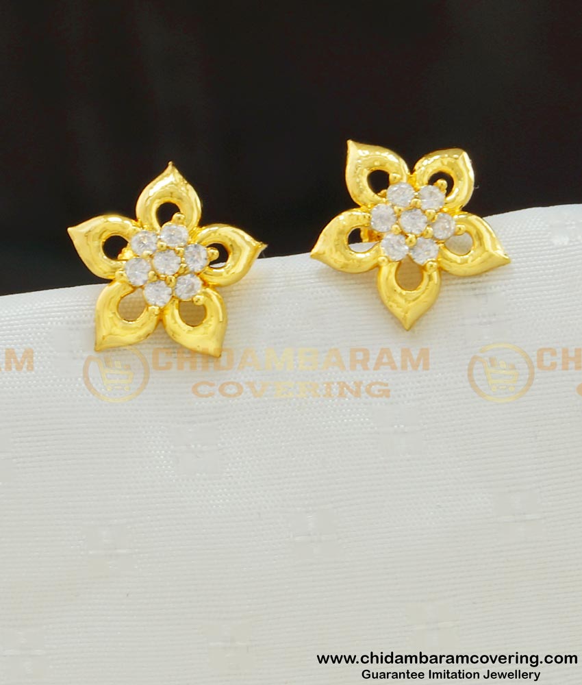 ERG605 - Elegant American Diamond Floral Design Ear Studs One Gram Gold Plated Jewellery Online