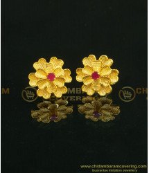 ERG641 - Attractive Single Ruby Stone Floral Design Party Wear Stud Earrings for Ladies