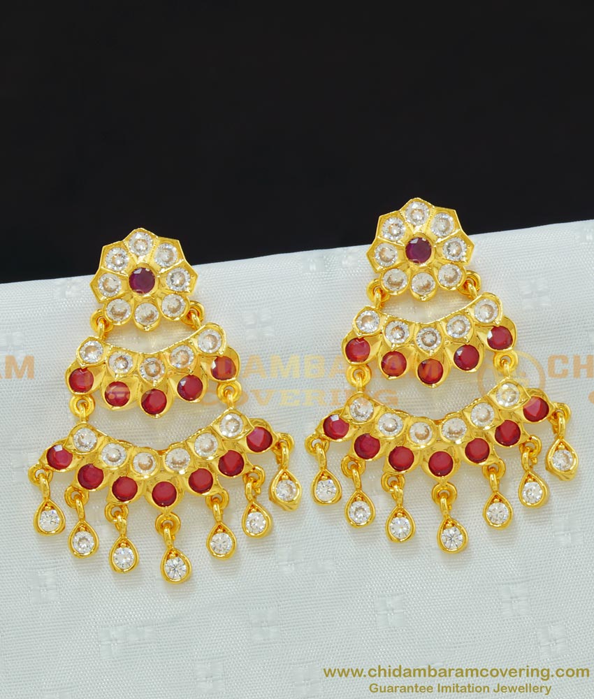 ERG678 - Latest Design Impon White and Ruby Stone Multi Layer Earrings