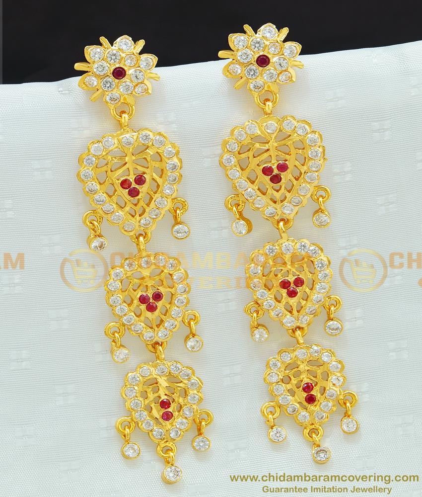 ERG684 - Bridal Wear Gold Impon Design Multi Layered Stone Long Danglers Geti Metal Jewellery Online