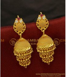 ERG689 - Latest Bridal Wear Gold Jhumkas Design 3 Step Net Type Stone Jhumkas for Wedding 