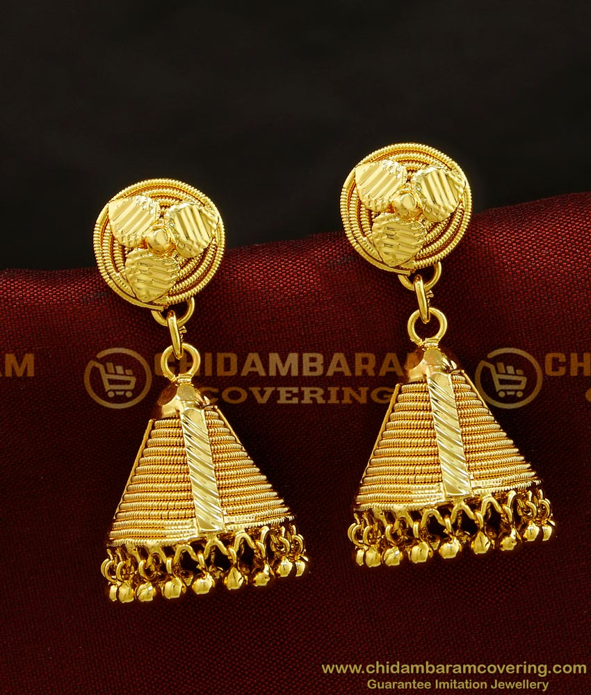 humka latest design of gold earrings, gold plated jhumkas, stylish bridal gold jhumka design, gold jhumka new design, jimikki kammal, bridal heavy gold jhumka design, artificial jhumkas, buttalu designs