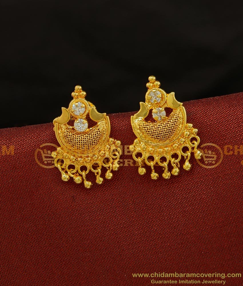 ERG713 - South Indian Light Weight Gold Covering Thodu Design White Stone Net Pattern Stud Earrings 