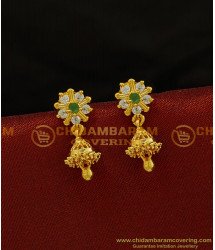 ERG724 - Traditional South Indian White and Emerald Stone Small Jhumkas Design for Girls