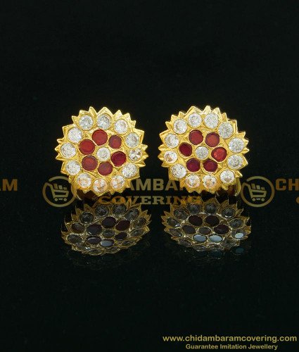 ERG737 - Impon Stud Earrings Pink and White Stone Earring Gold Plated Jewelry 
