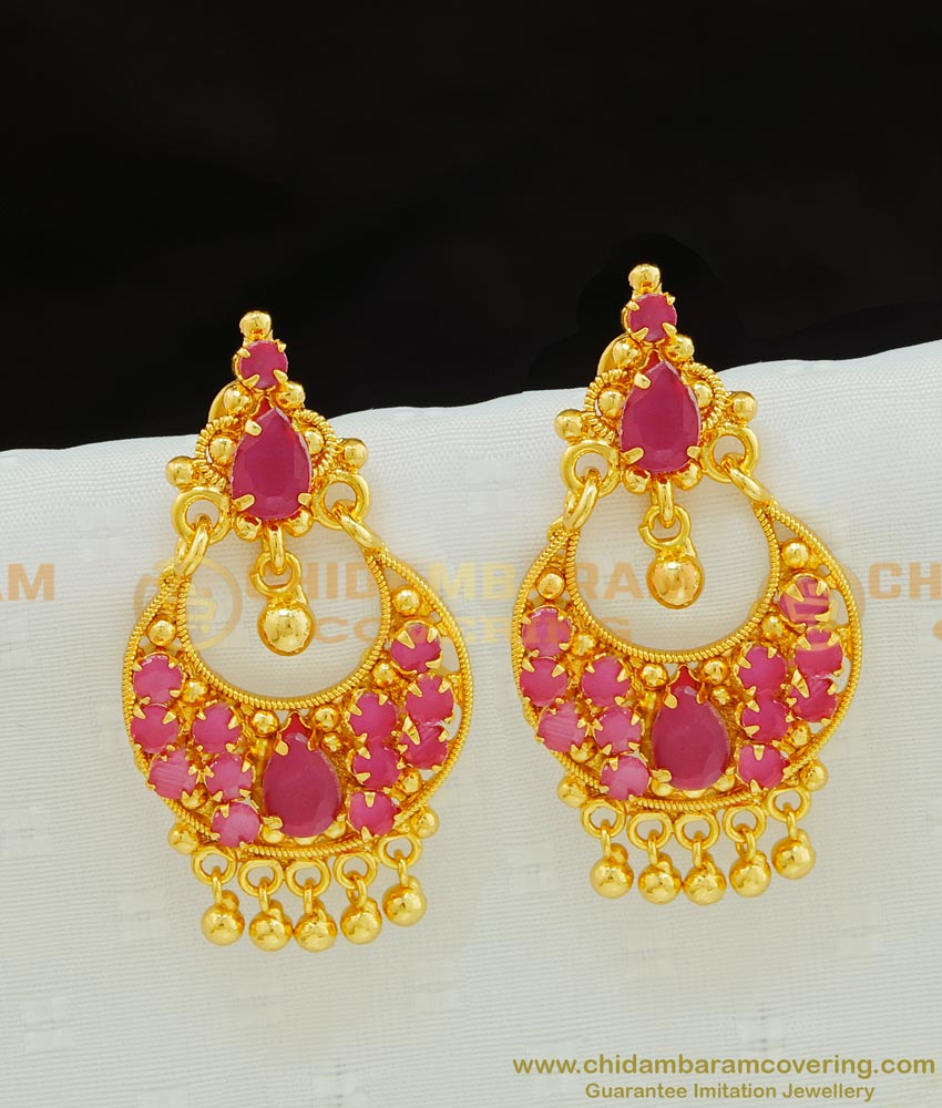 ERG762 - 1 Gram Gold Pink Stone Gorgeous Chandbali Earring For Festive Season 