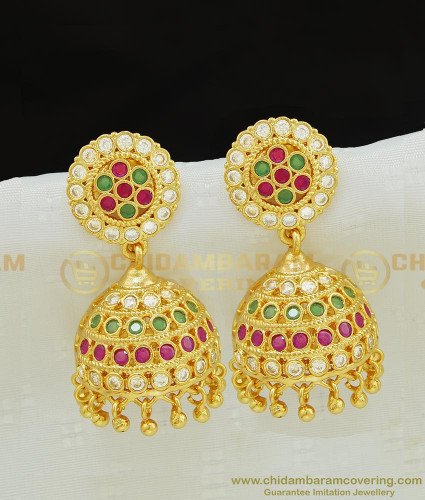 ERG768 - Indian Traditional One Gram Gold Full Multi Stone Jhumkas Earrings for Saree