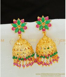 ERG769 - Latest Gold Plated Swarovski Beads Green And Pink Stone Jhumkas 1 Gram Jewellery