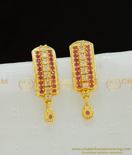ERG773 - Gold Plated White and Ruby Stone Ad Stone J Type Earrings Imitation Jewellery Online