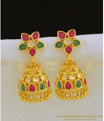 ERG790 - Trendy Floral CZ Pink and Green Stone Gold Tone Jhumkas Earring for Wedding 