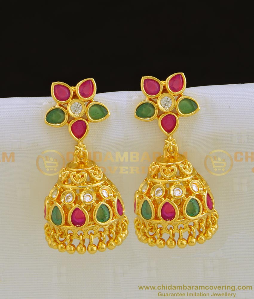 ERG790 - Trendy Floral CZ Pink and Green Stone Gold Tone Jhumkas Earring for Wedding 