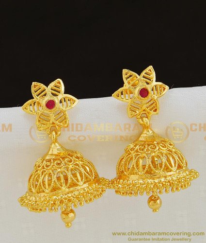 ERG793 - Latest Gold Look Ruby Stone Gold Covering Jhumkas Designs for Female
