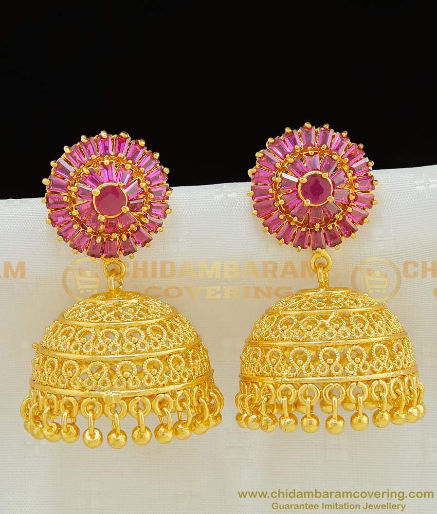 ERG797 - Attractive Real Gold Design Bridal Heavy Ruby Stone Wedding Jhumkas Earring Online 