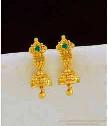 ERG800 - Unique Gold Plated Green Emerald Stone Gold Design Small Jhumkas Earring Online