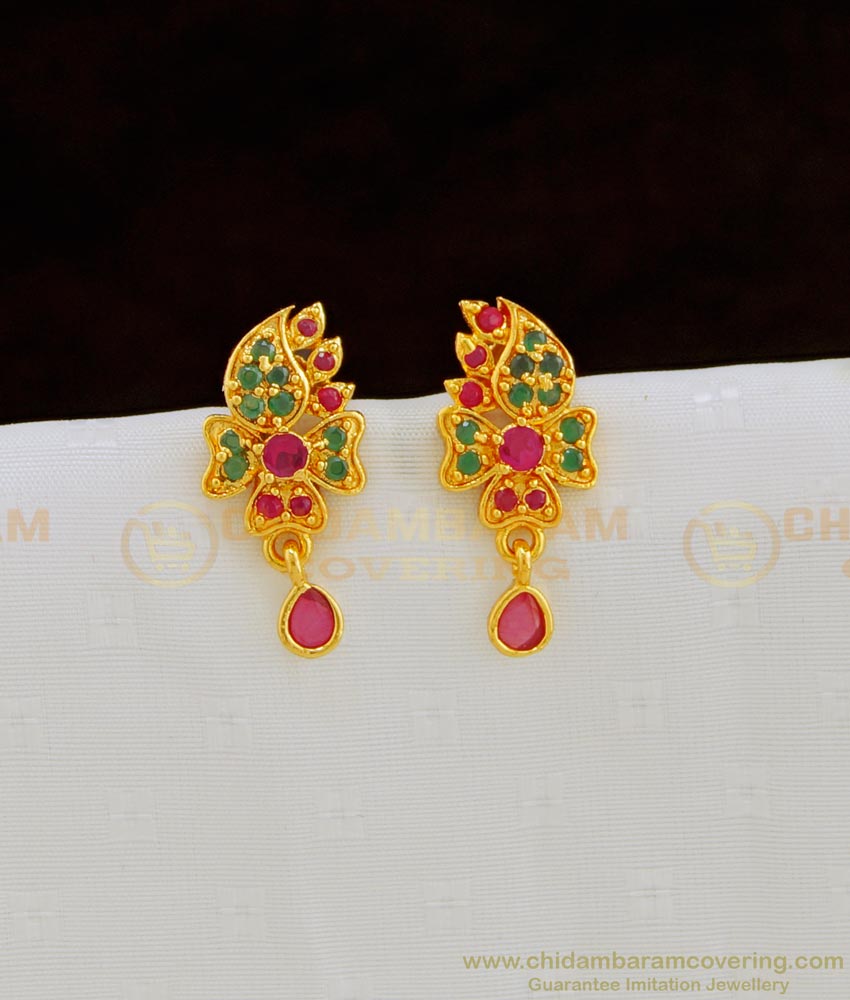 ERG805 - One Gram Gold Ruby Emerald Flower Design Stud Stone Earring Buy Online