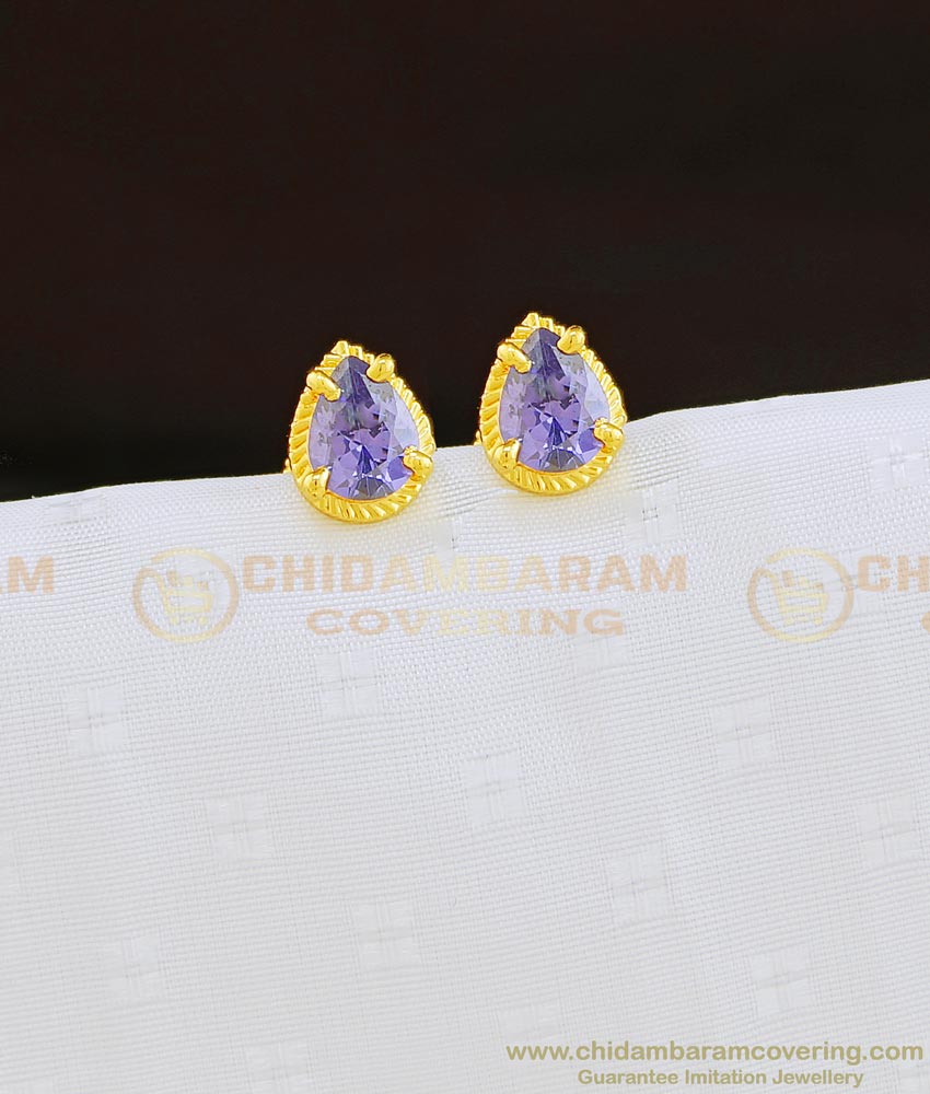 ERG825 - Elegant Purple Colour Single Stone Pear Shaped Gold Plated Earrings