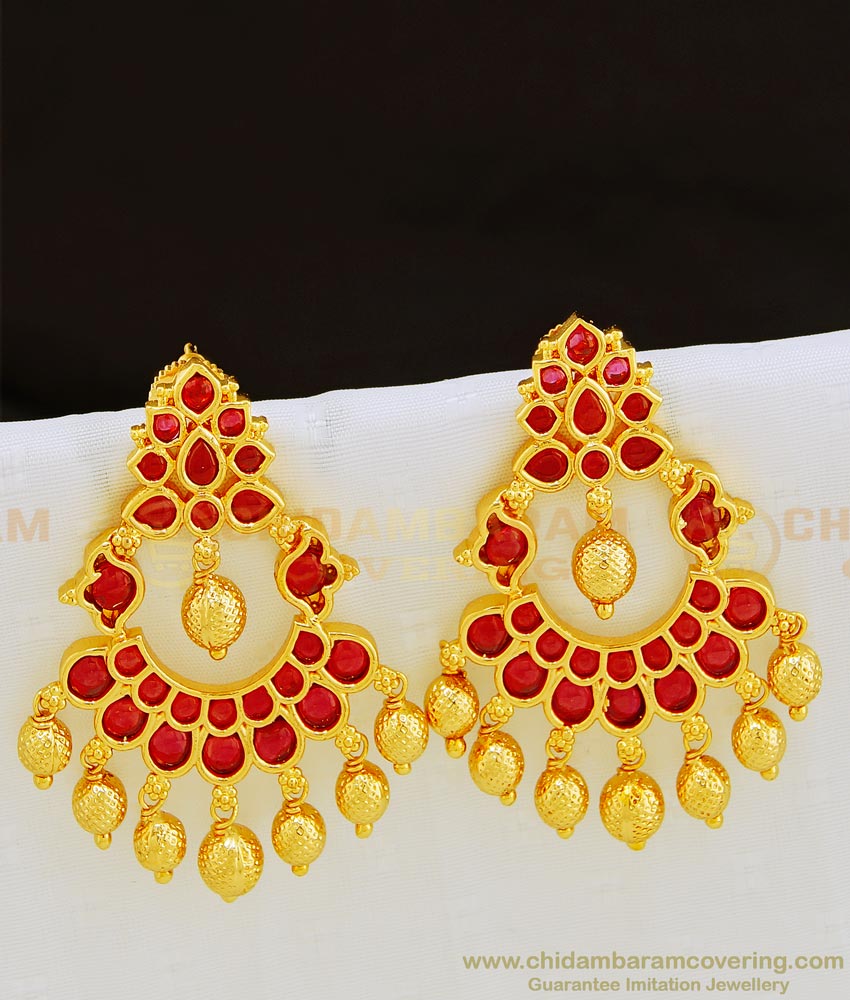 ERG843 - Unique Red Color Stone First Quality Real Kemp Stone Chandbali Earring South Indian Jewelry