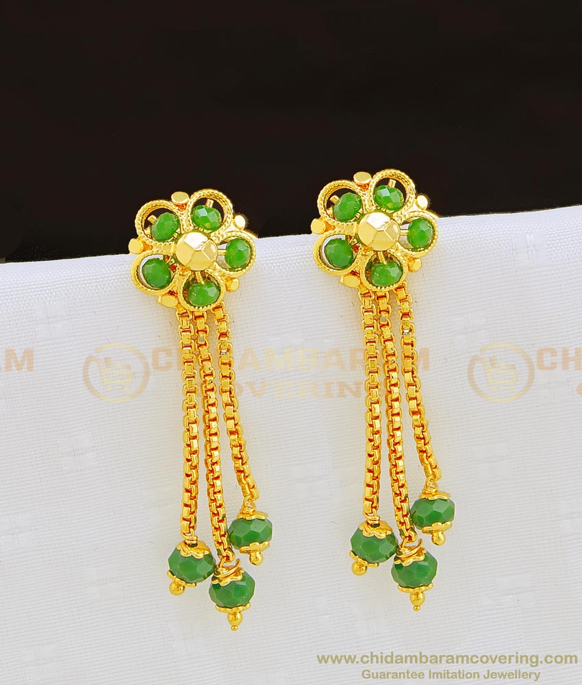 ERG851 - Beautiful Flower Design Green Crystal 3 Line Earring Hanging Beads Earrings Designs Online