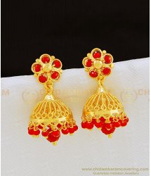 ERG853 - Traditional Indian Jewelry One Gram Gold Red Crystal Jhumkas Design for Women