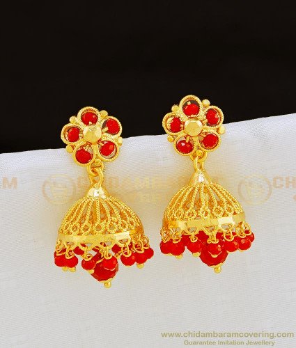 ERG853 - Traditional Indian Jewelry One Gram Gold Red Crystal Jhumkas Design for Women